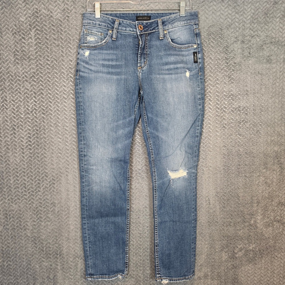 Silver Jeans Co Avery Slim Medium Wash Distressed High Rise Jeans W29 L29 Blue